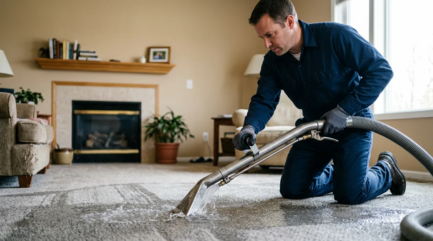 Water damage restoration technician working in a home in Montana